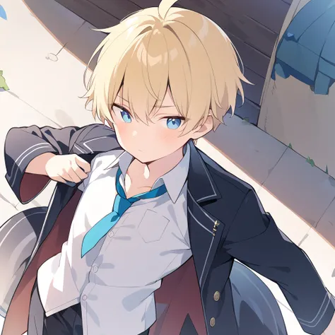  1 boy 、 short hair、Blonde、 light blue eyes、 sunglasses、 shirt、 ties、 long coat without buttons