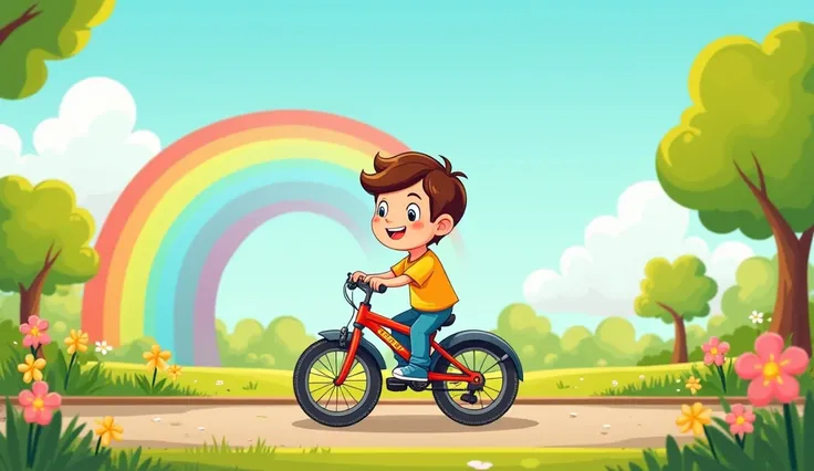 "Create a cheerful cartoon-style image of the boy standing beside his bicycle, determined to try again after falling. His face is full of determination, and the background features a sunny park with blooming flowers, ren playing, and a colorful rainbow in ...