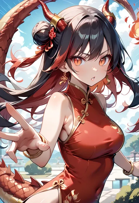 ((masterpiece, best quality, ultra detailed, high resolution, detailed facial description)), (solo, 1 girl), (cheongsam clothing, dragon embroidery:1.2), (long hair:1.3, Black hair, red inner color hair:1.3), (large dragon horn:1.2, red dragon tail), (tsur...