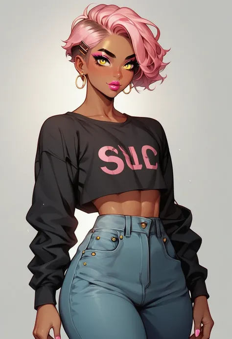 Femboy. Cute femboy with dark brown skin and yellow eyes. He has short pink hair. He has a cute smile, perfect makeup. Long lashes, eyeliner, lipgloss. He is short, curvy. He has a small waist, and wide hips, and thick thighs. He is a teacher. In a college...