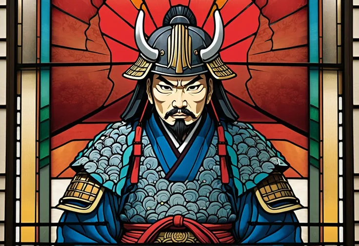 Close up of a stained glass window depicting a samurai, Vector art inspired by Tawaraya Sotatsu , behance contest winner, Ukiyo-e, 鯉のarmorを身につけたwarriorの神,  high definition official artwork  , Japanese painting style,  God of AI Art ,  Stained Glass Art ,  ...