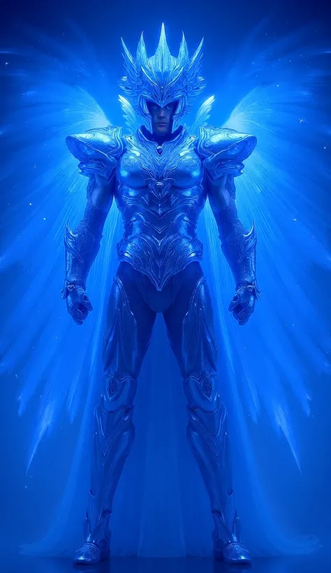 "Create a hyper-realistic, full-body image of a male warrior resembling a Saint Seiya character, wearing the iconic Pegasus Saint Seiya armor. The armor is silver with intricate engravings, glowing blue accents, and majestic wing-like extensions symbolizin...