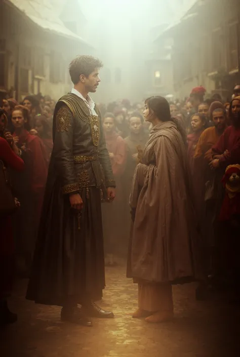 The prince approaches Clara": Prince Adrian walks confidently toward Clara, his kind eyes fixed on her, while the villagers look on in surprise and disbelief.