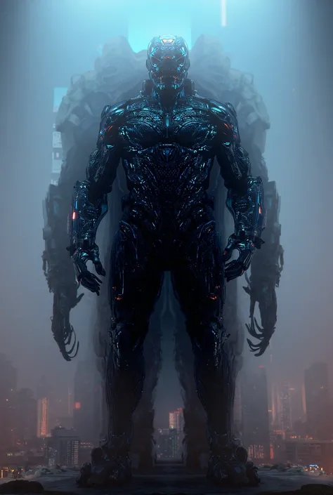 An Iron Man Cyberpunk robot and his big dinosaur behind the Cyberpunk Iron Man robot 