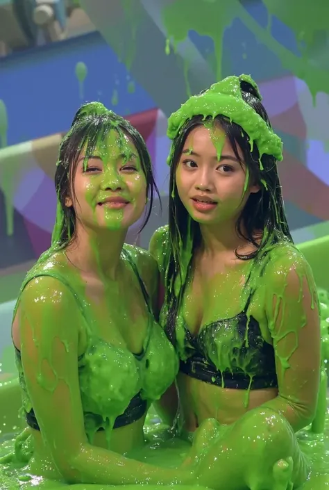 DSLR photograph. Beautiful Chinese mother and her teenage daughter covered in green slime. Photorealistic. Nasty slime. Raw photo. Gameshow background. Green Slime. (Asian: 1.1). Portrait photo. Beautiful Asian face. Wearing black push-up bra. green water.