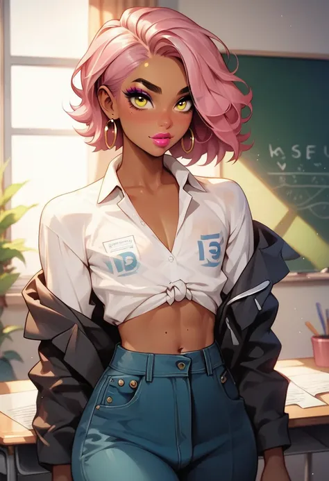 Femboy. Cute femboy with dark brown skin and yellow eyes. He has short pink hair. He has a cute smile, perfect makeup. Long lashes, eyeliner, lipgloss. He is short, curvy. He has a small waist, and wide hips, and thick thighs. He is a teacher In a college....