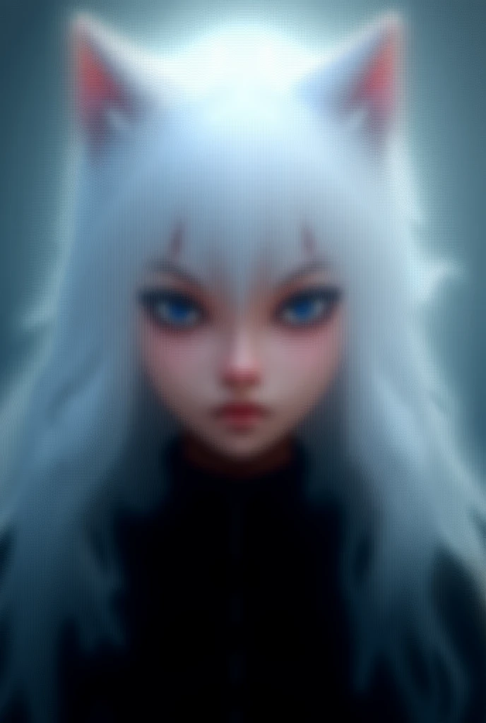 boy, 21 years old,  white hair ,  the eyes are blue and there are ears like a cats clothes are black, and the fur is white , the nose is optional 