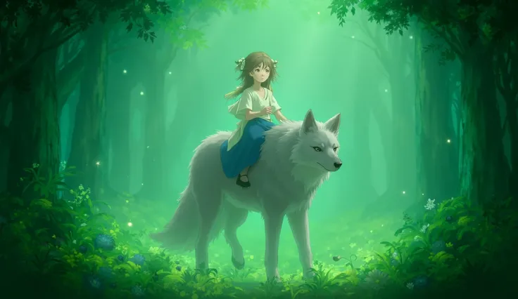 Ghibli style girl navy blue skrit riding wolf forest 