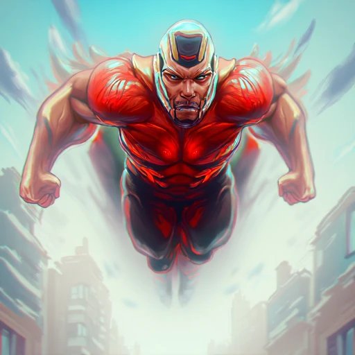 A bodybuilder young man flying in superman style suit, 2d game style