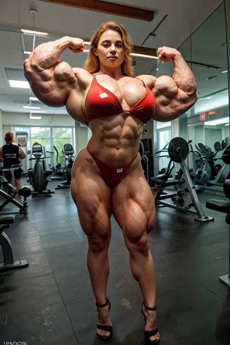 Roberta and anna, workout with high weights , ((((full body scene picture))) bikini dressed, high heels, hyper muscles, huge muscles, standing flexing immense muscles Super detailed picture, high Resolution, Masterpiece, Accurate, Award Winning, Detail, Hi...