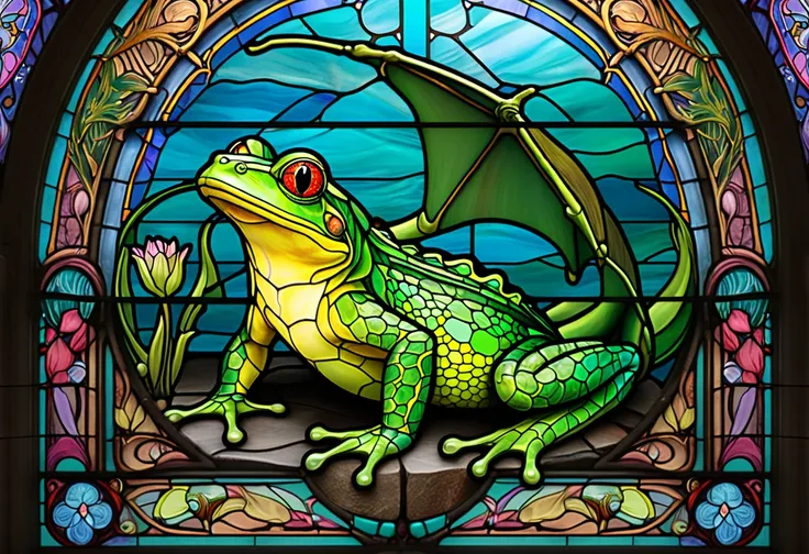 a dragoh in front of a stained glass window, Pascal Blanchet , polycount, Art Nouveau, stained glass style, stained glass art, stained glass!!, dragon, stained glass, stained glass, dragon , Frog themed, psychedelic Frog, green stained glass, stained glass...