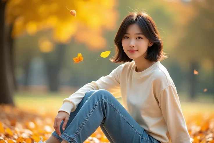 Full body 4K professional photo Korean woman in her 40s , Height 150 , Body weight 55 ,  cute white skin , small waist,  Short Medium Length Hair , Beautiful autumn scenery picking up fallen leaves.   looking at falling leaves ,  looking at falling leaves ...