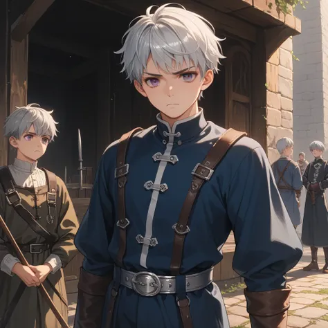 Single，silver hair， Purple Eyes，short hair，juvenile，male，， skin discolored ，Demon World， Medieval Background ，Black Adventure Home Uniform，Double Blade Waist ，Handsome，indifferent,  Ultra HD, Shut up, Silver belt ，Single, anime style， tripartite lens 