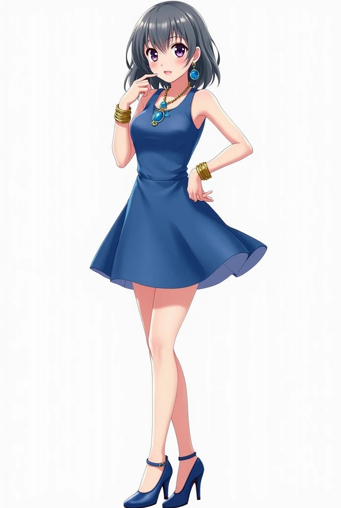  girl . anime. 27 years old. Short Blue Dress. dark grey hair.  big eyes .  Big chest and ass .  thin waist.  Full Height.  High blue heels .  Blue amulet necklace .  Blue sapphire earrings and gold bracelets. front and back view.Pink nails and lips . Open...