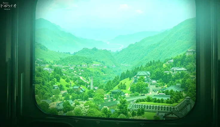  Photorealism、 top quality 、 super A high resolution、　 Japanese landscape , Traditional Buildings ,famous,From the train window