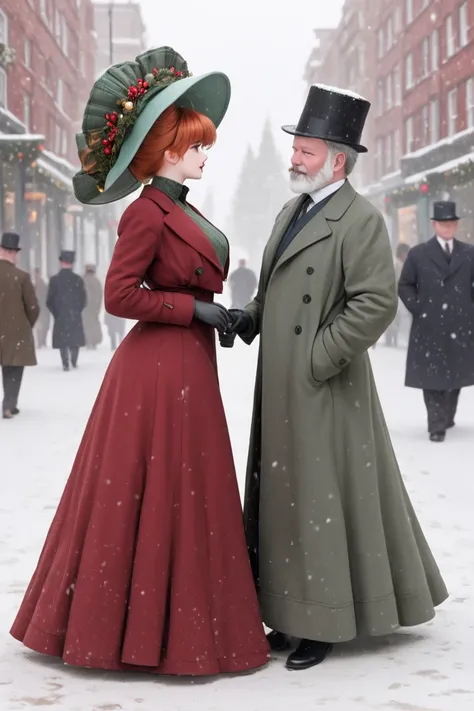 A pretty, curvy 15yo redhead Gibson Girl wearing a green Edwardian dress and large wide-brimmed bonnet, Christmas 1904, long Gibson Girl updo, hourglass 50-25-60 figure. Meeting a fat 75yo gentleman with a white beard, crimson overcoat and top hat, snowy s...