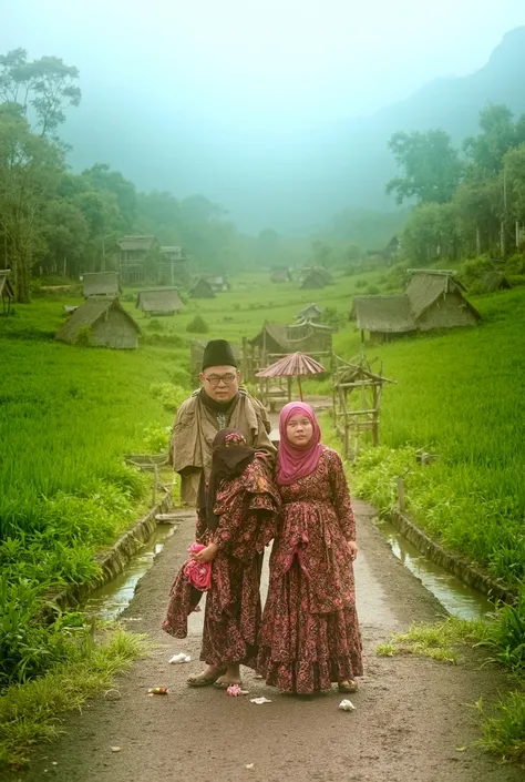 "A man and woman wearing traditional Indonesian clothing stand on a path in the middle of a rice field area. In the background there are bamboo houses with thatched roofs, surrounded by green plants. There is a small pond on the side of the road with fish ...