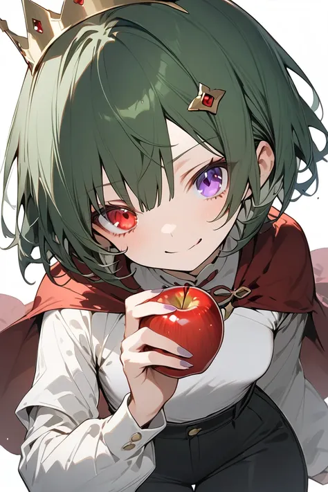  Masterpiece  ,  top quality ,  high res,  1 girl,  small breasts,       透明感のある髪  ろり ピース solo にやつき顔 頭の上に大きいcrown  heterochromia,red eye,purple eye. Smirky face long sleeve long pants holding an apple in one hand 　kawaii　 Fluttering Cloak 　crown　Dark green ...