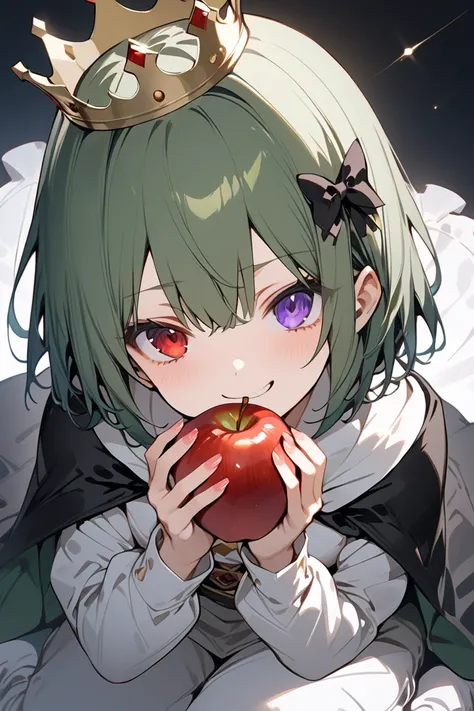  Masterpiece  ,  top quality ,  high res,  1 girl,  small breasts,       透明感のある髪  ろり ピース solo にやつき顔 頭の上に小さいcrown  heterochromia,red eye,purple eye. Smirky face long sleeve long pants holding an apple in one hand 　kawaii　 Fluttering Cloak 　crown　Dark green ...