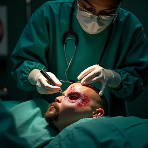 Painful to look at々A scary scene unfolds： A scene of craniotomy surgery performed by a beautiful female brain surgeon to drill a hole in the skull of a male patient with epilepsy、Forbidden Lobotomy Procedure to Remove the Frontal Lobe 。Close up of a mans h...