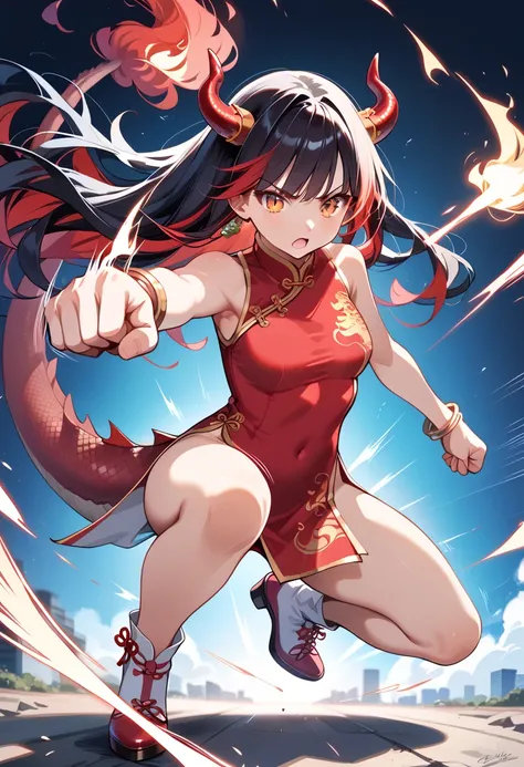 ((masterpiece, best quality, ultra detailed, high resolution, detailed facial description)), (solo, 1 girl), (cheongsam clothing), (long hair:1.3, Black hair, red inner color hair:1.3), (large dragon horn:1.2, red dragon tail), (tsurime:1.3, slit pupils:1....