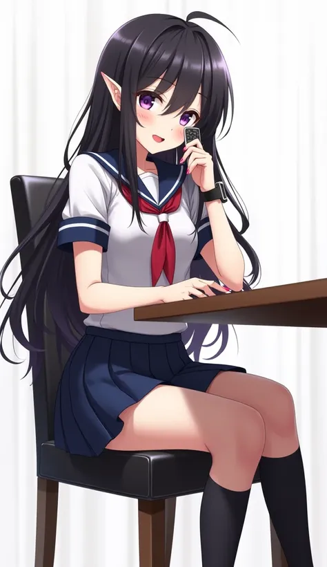 Teenage anime woman with long black hair and purple eyes and elf ears and has a characteristic appearance of Japanese school uniforms.  She wears a white short-sleeved blouse with navy blue details and a red ribbon tied around the neck.  Her skirt is short...