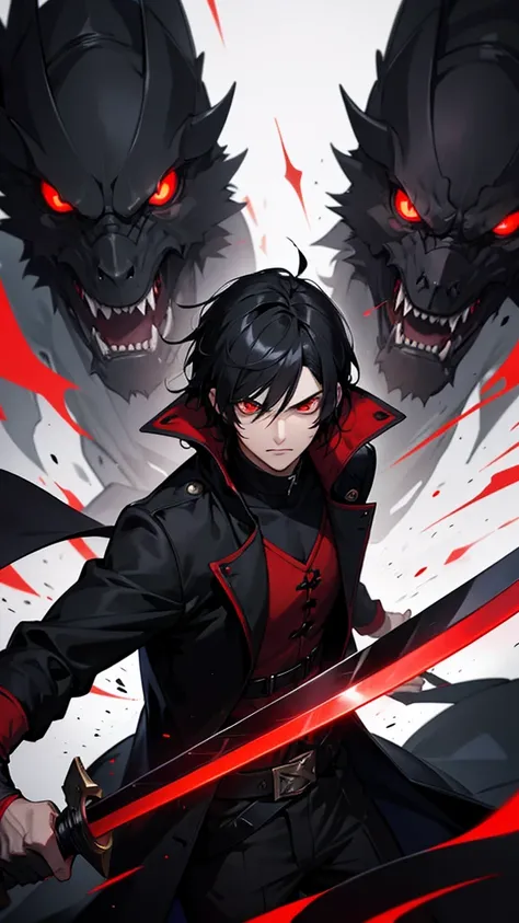 Black Hair,Red Eye, black coat,He has a black sword in his hand