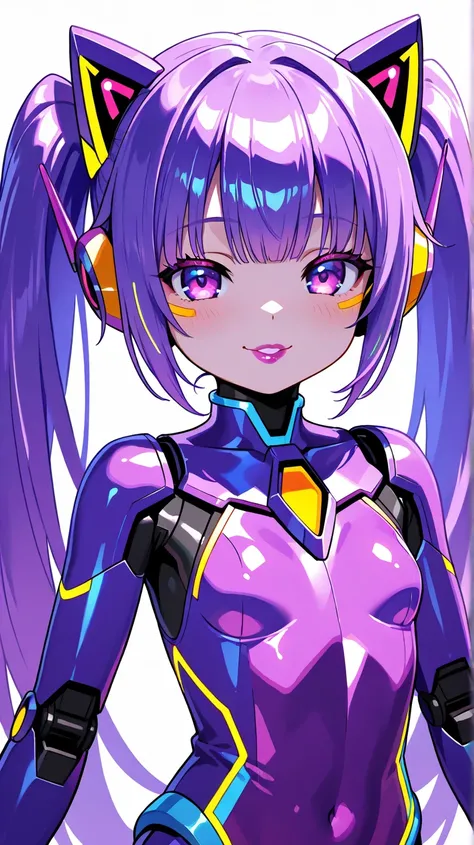 plastic hair, twintails, full lips, lip filler, lipstick, (loli:1), (shiny purple metallic  robot body:1), coloured trim, robot ears covers, smile, (small breasts:1),Infront  spaceship window, eye shadow