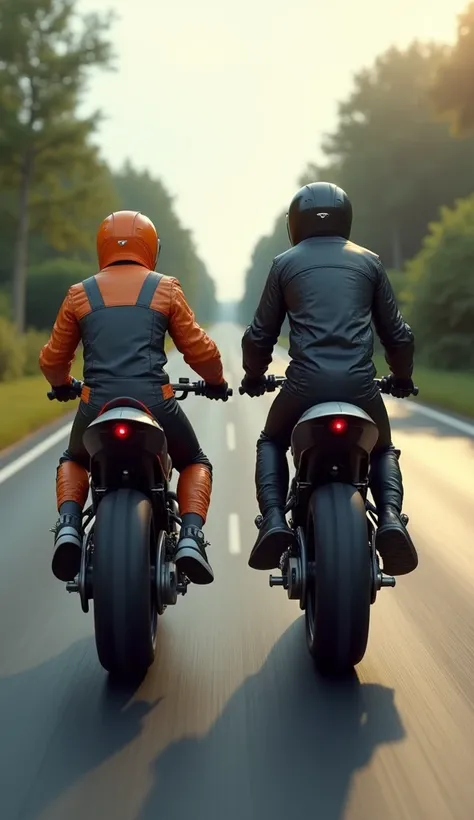 In cinematic 3D style, HD image, realistic image ,colourful image.
Action,A big black cat and a big orange cat, both separate motorcycles are riding very fast on the road and both are wearing black track suits, the bodies of both should be seen from behind...