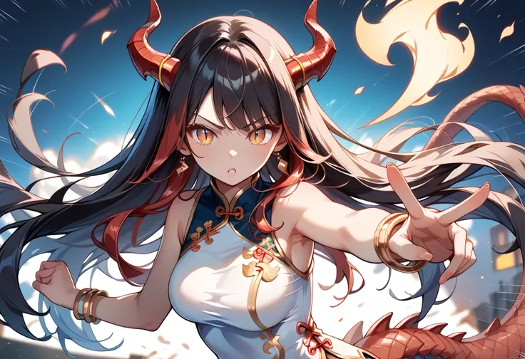 ((masterpiece, best quality, ultra detailed, high resolution, detailed facial description)), (solo, 1 girl), (cheongsam clothing), (long hair:1.3, Black hair, red inner color hair:1.3), (large dragon horn:1.2, red dragon tail), (tsurime:1.3, slit pupils:1....