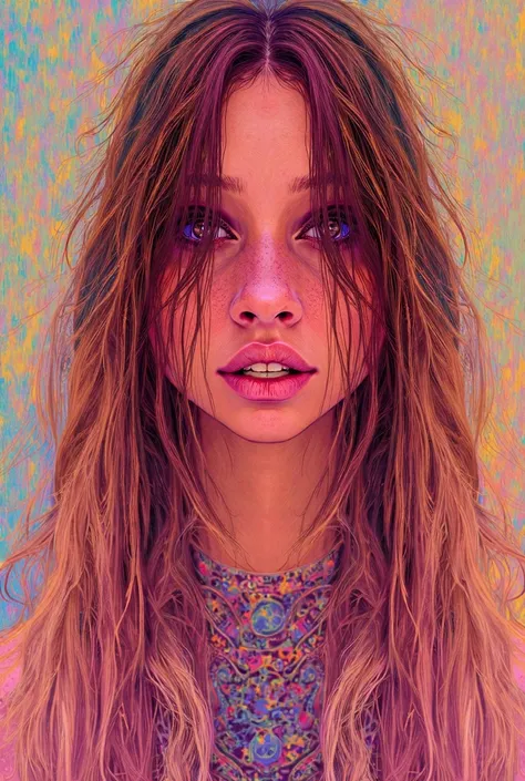  bright hippie woman with long straight hair,  Beautiful expressive eyes ,beautiful lips,  drawn to the smallest detail , very detailed eyes and face , long eyelashes , wear flared pants , unisex fashion ,  bright gradients ,  psychedelic , ( top quality ,...