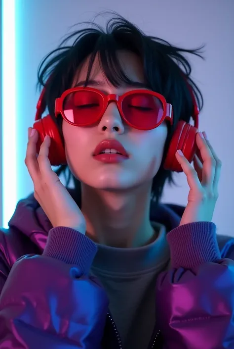 #Midjourney #V61 #Pcode #실사 #Photo

.
# p : photo close up of Rusian  stunning woman,natural makeup, 25 short messy black hair,Wearing red headphones, red swimming glasses,Korean style high collar gray wool t-shirts,purple shimmering balloon bomber Hoodie ...