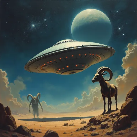 oil painting by Frank Frazetta。universe。(((UFO flying with Aries in the background))