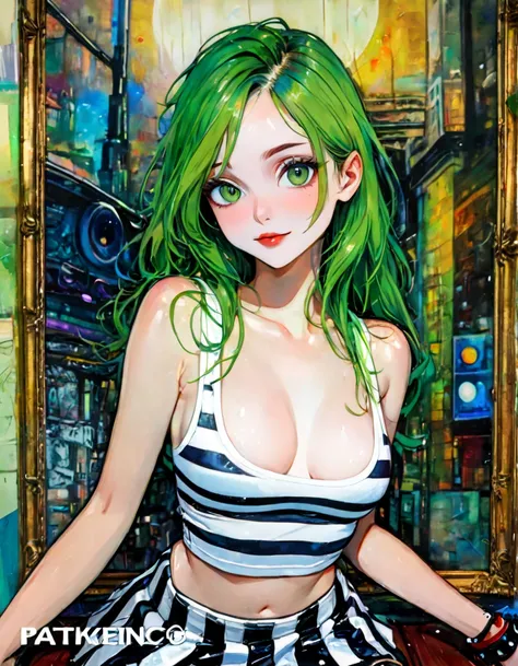 sexy girl, long green hair,nude breast,white tank top, small breast, striped miniskirt and panties, punk,, slight smile, Bill Sienkiewicz colors, bright colors, intricate details, hand painting oil., art inspired by Bill Sienkiewicz and Dave McKean, (best ...