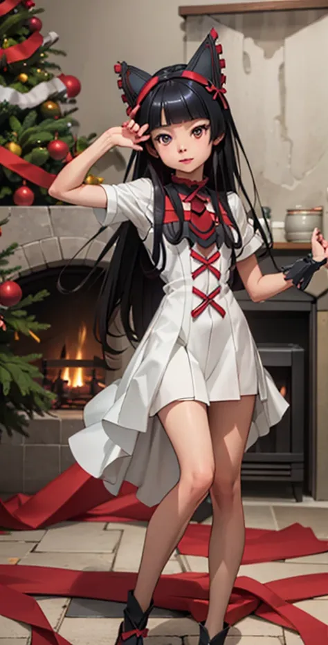 Rory Mercury, Rory Mercury, high definition,  better quality ,  high detail ,  high quality,  Main detail, full length ,full frame, Full-length girl , long hair,  black hair, Breasts, posing for the camera ,fireplace, christmas .