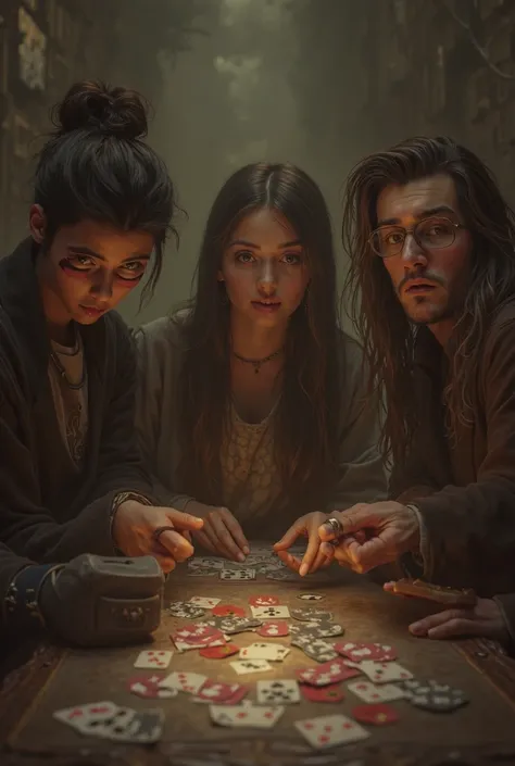 Take a picture of three young 18-year-olds, with the one on the left, the gangster setting up cards with the middle man, the brave man holding the sword of Europe, the man wearing the magic book glasses, and the soul of the 17-year-old girl in the middle. 