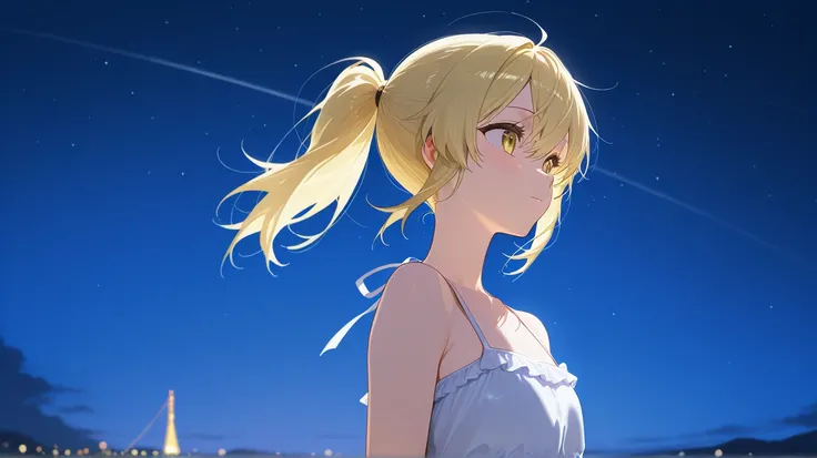  flat chest、The wind flips up the dress、 ponytail、Light yellow hair、Night Sky、