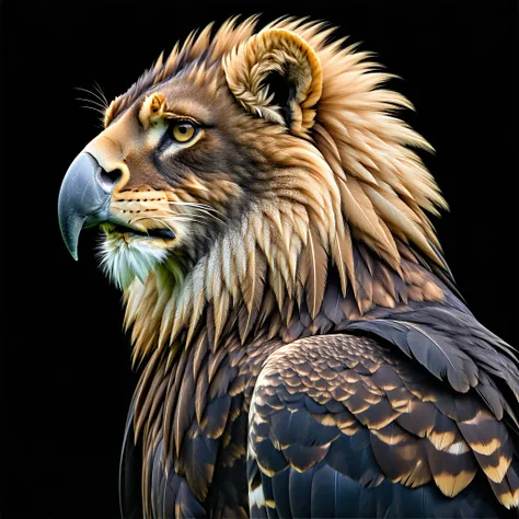 realistic, lion-eagle hybrid, majestic and powerful, with intricate feather and fur details,