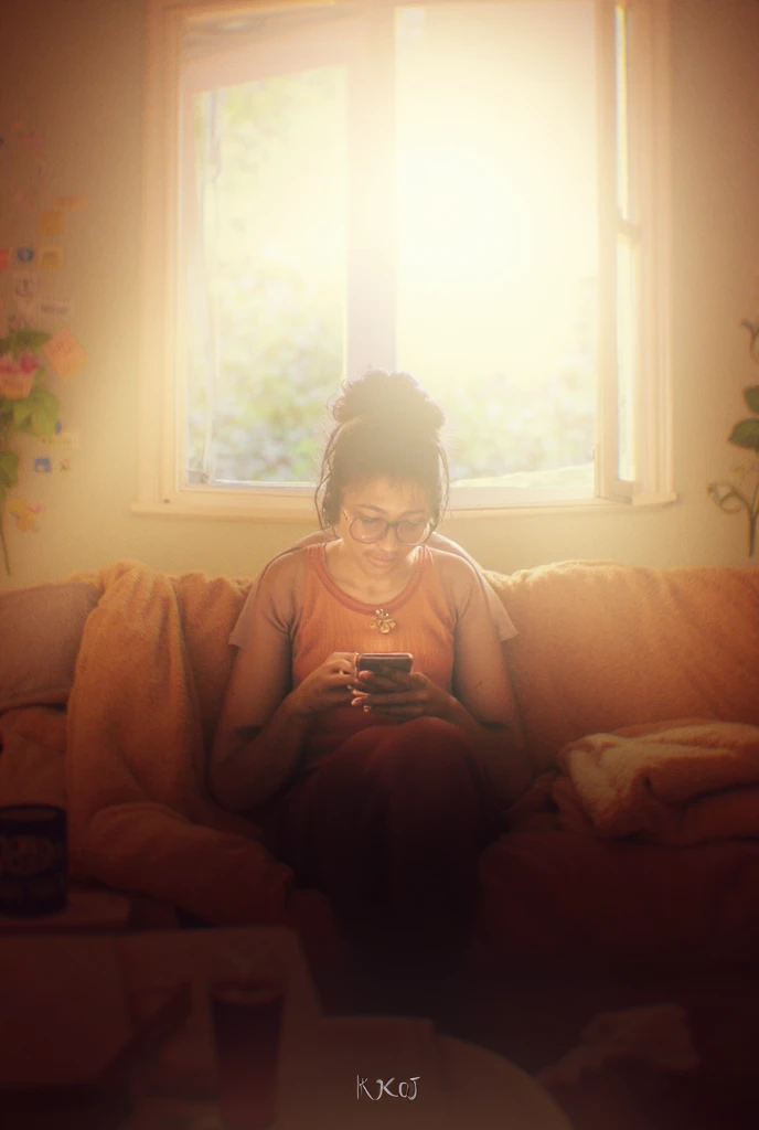 Stay-at-Home Hustle:
"A person sitting on a cozy couch with their phone, a bright window in the background, and a productive vibe with motivational sticky notes or quotes on the wall."