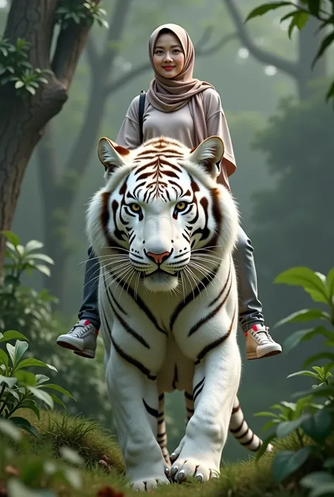 1 beautiful Korean muslim adult hijab woman,berjilbab,senyum.wear a t-shirt,jaket fashion hijab.dan celana panjang.white shoes. riding a giant white tiger in the jungle, very big white tiger, tampak depan, facial details.
