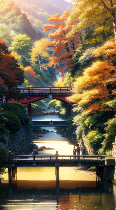 Japanese countryside, riverside, forest, tree yellow and red, people walking, wooden bridge, autumn, fall season