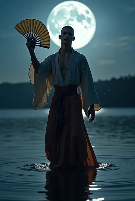 photograph　Realistic　 realism　lake　night　 full moon　20-year-old male　Young people　 muscular　Ronin　Looking up　The underwear is visible from the costume that looks like a dress 　Hands are stretched upwards 　lakeから顔を出す　 the costume is wet with water 　　 holdin...