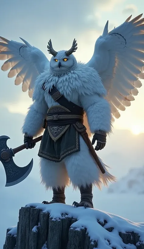 A powerful hybrid warrior with the formidable strength of a Viking and the graceful features of a snowy owl stands on a snow-covered cliff. The warrior has the muscular body of a human, clad in furs and a horned helmet, but with the sharp, white feathers o...