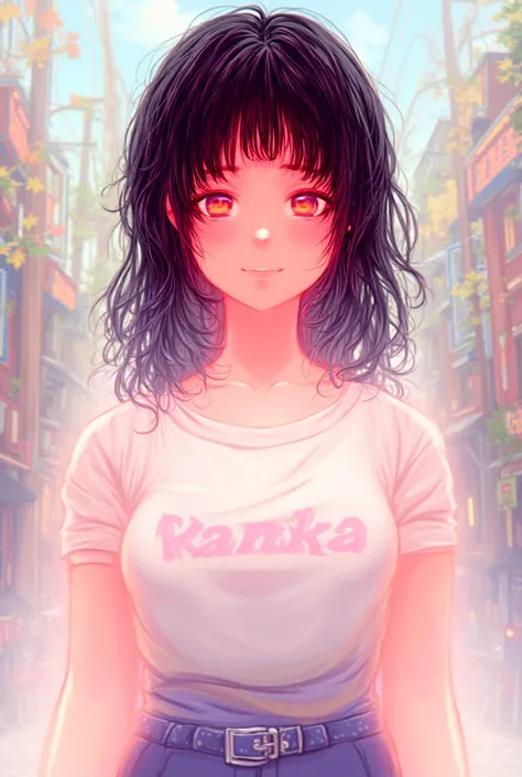 Create an anime image of teenager girl having big boobs such that Kanika is written on her tshirt