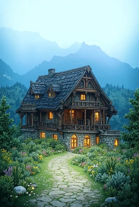 house in mountains with slopping roof 