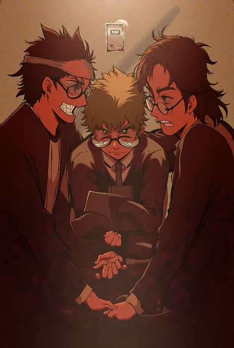 Take a picture of three 18-year-old high school boys, with a left-out gangster setting up a card with a brave-looking middle man holding a European sword, a man wearing magic book glasses, in an anime style.