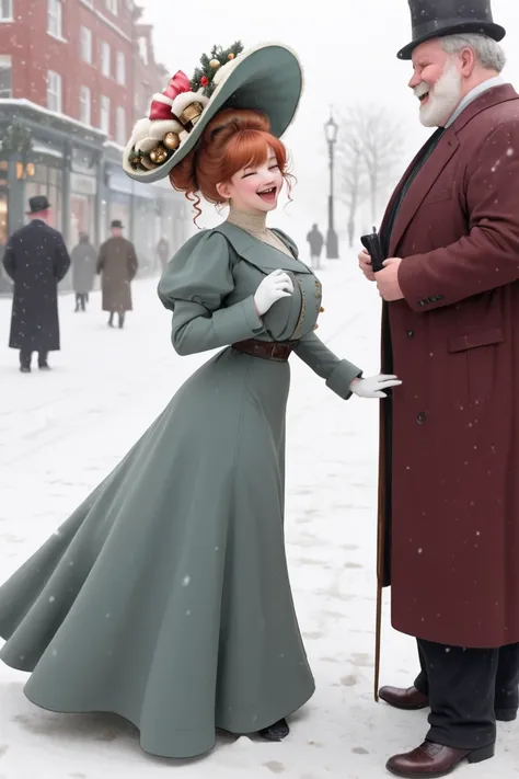 A pretty, curvy petite 15yo redhead Gibson Girl wearing a green Edwardian dress and large wide-brimmed bonnet, Christmas 1904, long Gibson Girl updo, hourglass 50-25-60 figure. Meeting a large fat 75yo gentleman with a white beard, wearing a crimson overco...