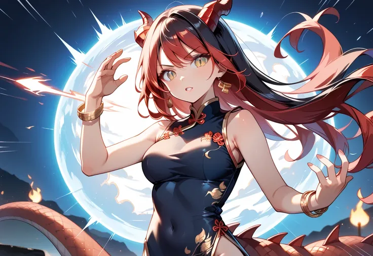 ((masterpiece, best quality, ultra detailed, high resolution, detailed facial description)), (solo, 1 girl), (cheongsam clothing), (long hair:1.3, Black hair, red inner color hair:1.3), (large dragon horn:1.2, red dragon tail), (tsurime:1.3, slit pupils:1....