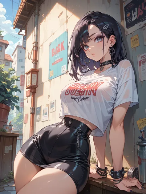  Make a goth girl in black hair  
, she is visibly attractive big legs and ass , wide waist with a thin waist ,her breasts are also large , she wears a black skirt and a white t-shirt  , both clothes are transparent .