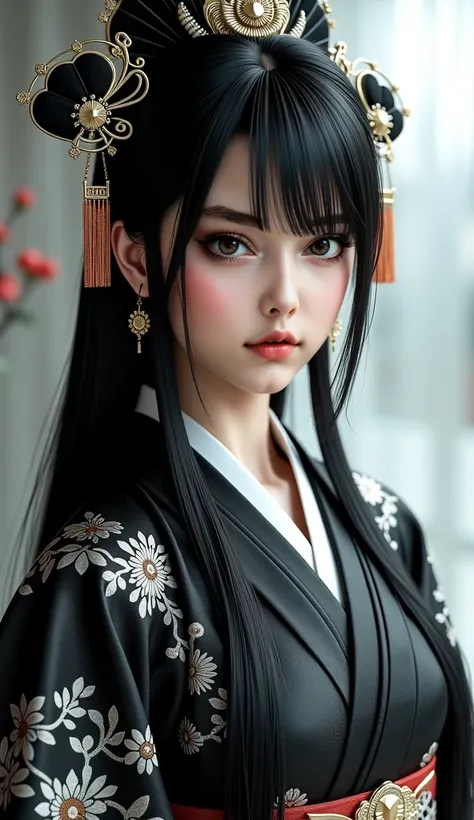 16K quality，2.5D semi-realistic style，Woman with black Himekiri hairstyle， Princess cut hairstyle ， A woman wearing a black Kabuki costume，Black and white color clothing， Strong-eyed ，Baek Chuls skin ，